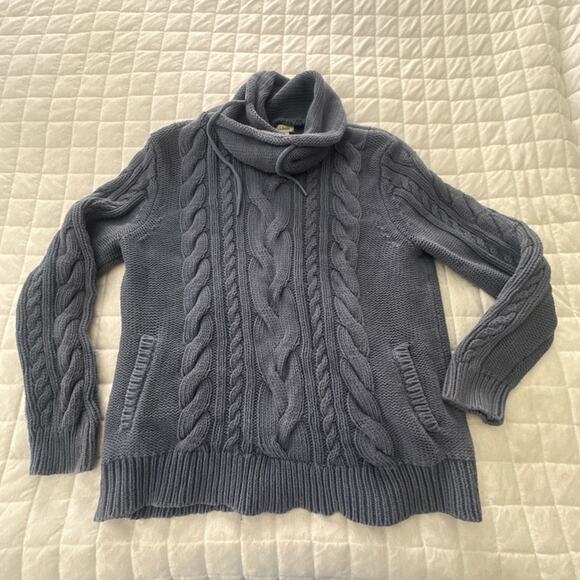 LL Bean Sweater Womens Large Petite Blue Cable Knit Funnel Neck Pullover Classic - Picture 2 of 10